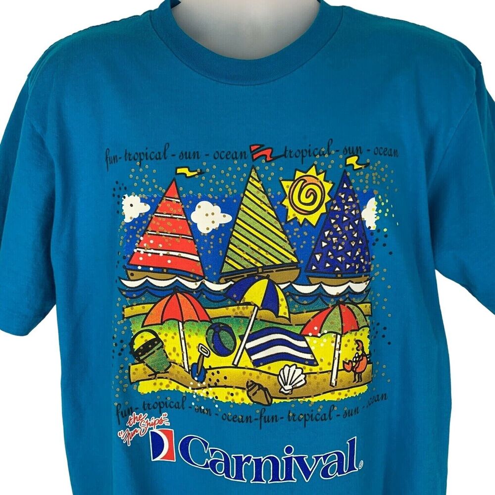 Vintage 90s Carnival Cruise Line T Shirt Sailing Ship Beach Blue Mens L Large